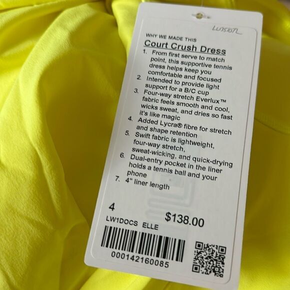 Lululemon Court Crush Tennis Dress in electric‎ lemon size 4 NWT $138 - Picture 7 of 7